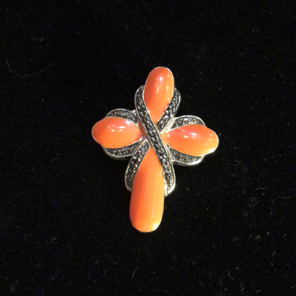 🧡 Black diamond marcasite coral set in 925 gorgeous cross pendant
